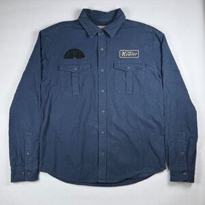 Howler Brothers Miter Work Flannel Shirt Navy Blue Embroidered Graphic Medium